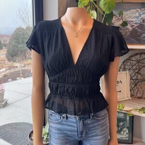 NWT Blue Rain Francesca's Black Swiss Dot Cambella Smocked Peplum Blouse, Small